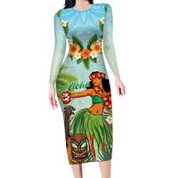 Hawaii Lei Day Family Matching Long Sleeve Bodycon Dress and Hawaiian Shirt Hula Girl With Tropical Forest