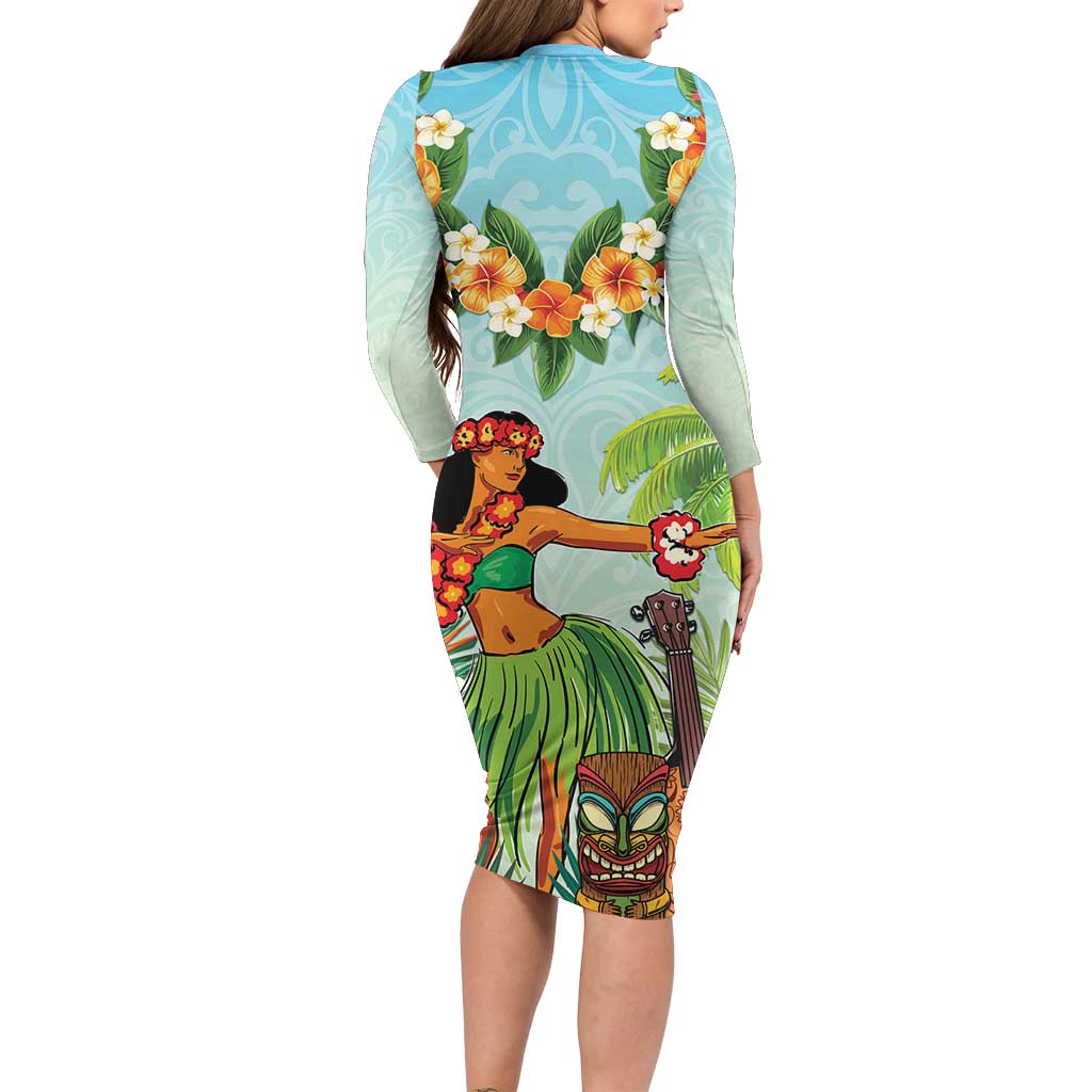 Hawaii Lei Day Family Matching Long Sleeve Bodycon Dress and Hawaiian Shirt Hula Girl With Tropical Forest