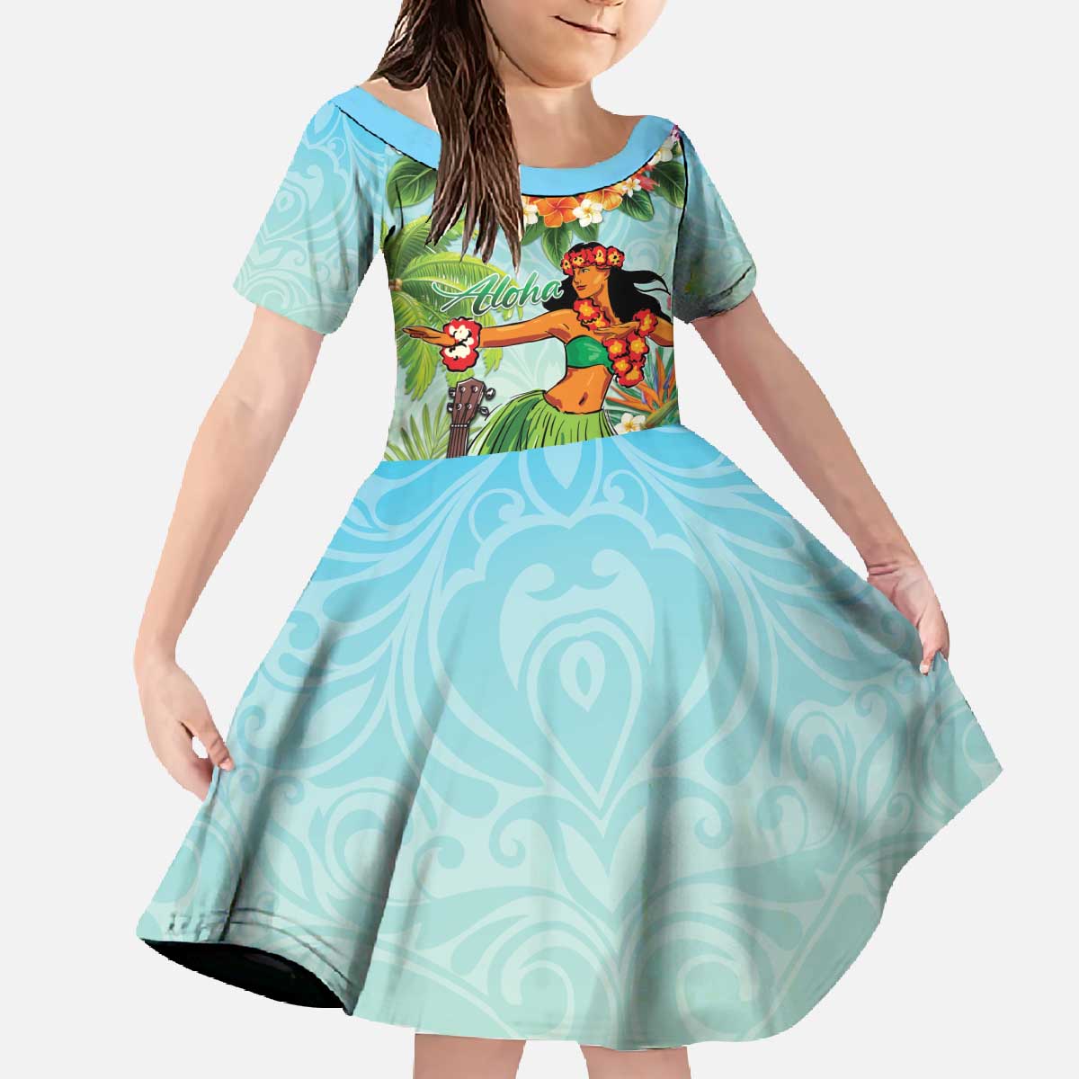 Hawaii Lei Day Family Matching Off The Shoulder Long Sleeve Dress and Hawaiian Shirt Hula Girl With Tropical Forest