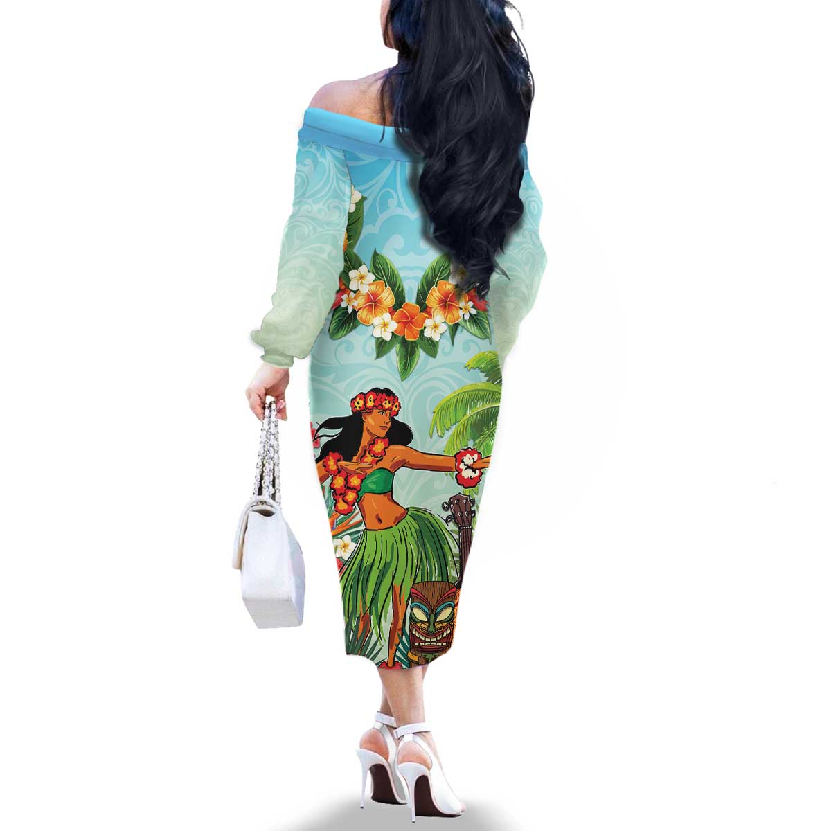 Hawaii Lei Day Family Matching Off The Shoulder Long Sleeve Dress and Hawaiian Shirt Hula Girl With Tropical Forest