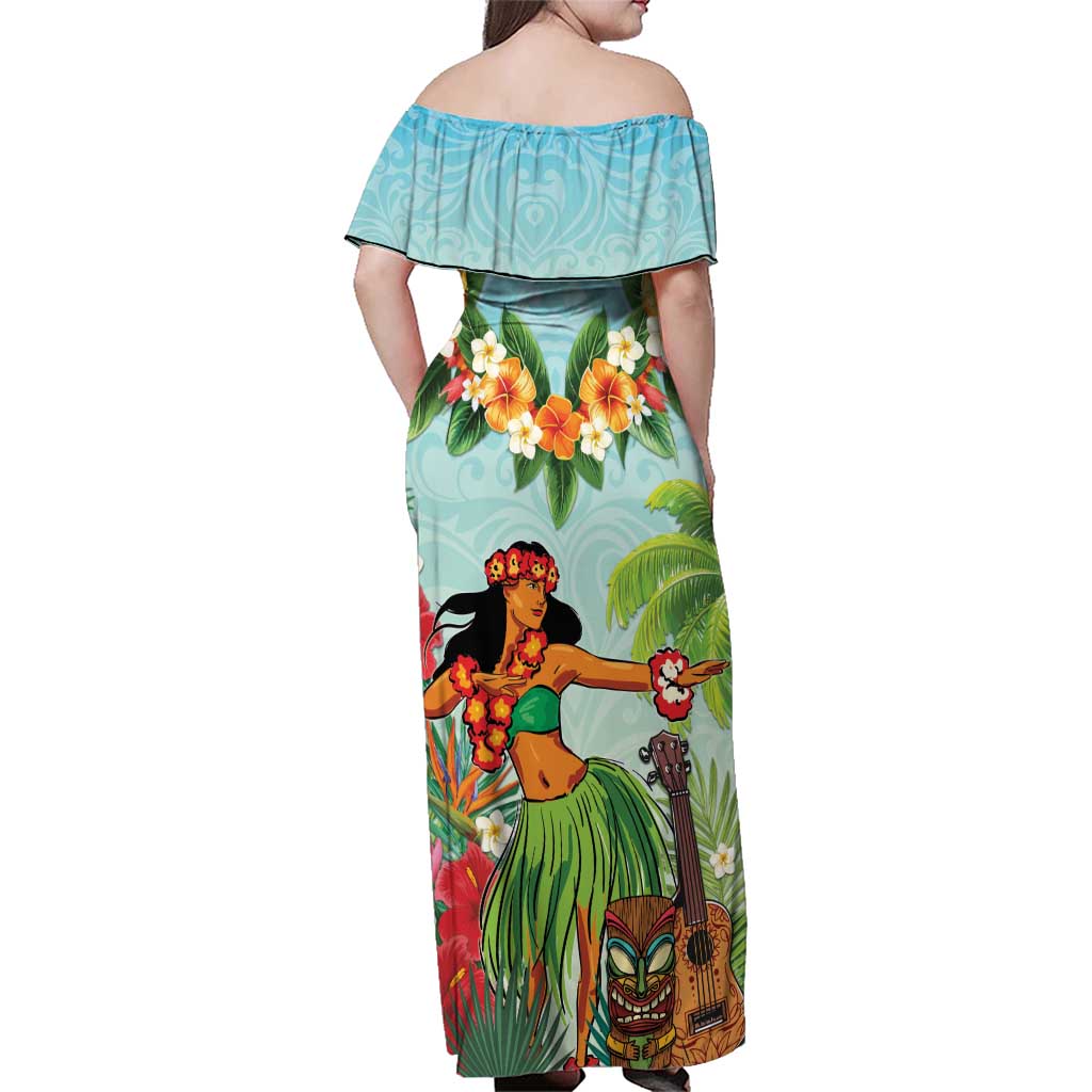 Hawaii Lei Day Family Matching Off Shoulder Maxi Dress and Hawaiian Shirt Hula Girl With Tropical Forest