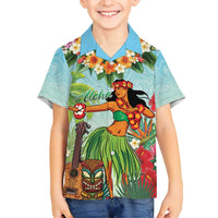 Hawaii Lei Day Family Matching Off Shoulder Short Dress and Hawaiian Shirt Hula Girl With Tropical Forest DT04 Son's Shirt Blue - Polynesian Pride