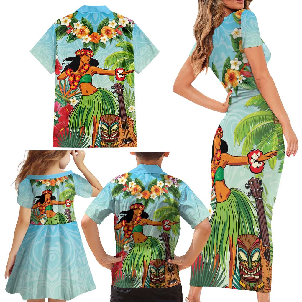 Hawaii Lei Day Family Matching Short Sleeve Bodycon Dress and Hawaiian Shirt Hula Girl With Tropical Forest