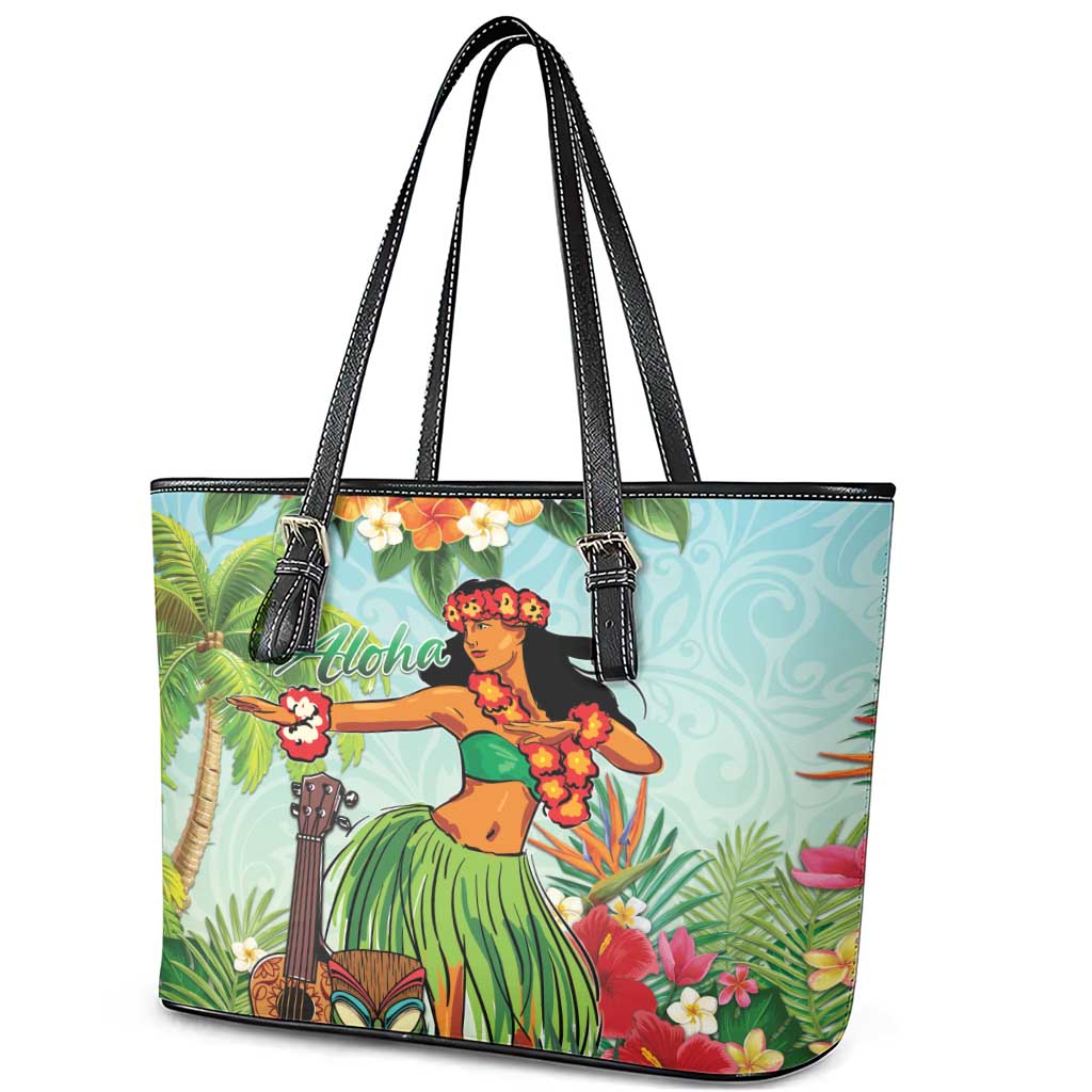Hawaii Lei Day Leather Tote Bag Hula Girl With Tropical Forest