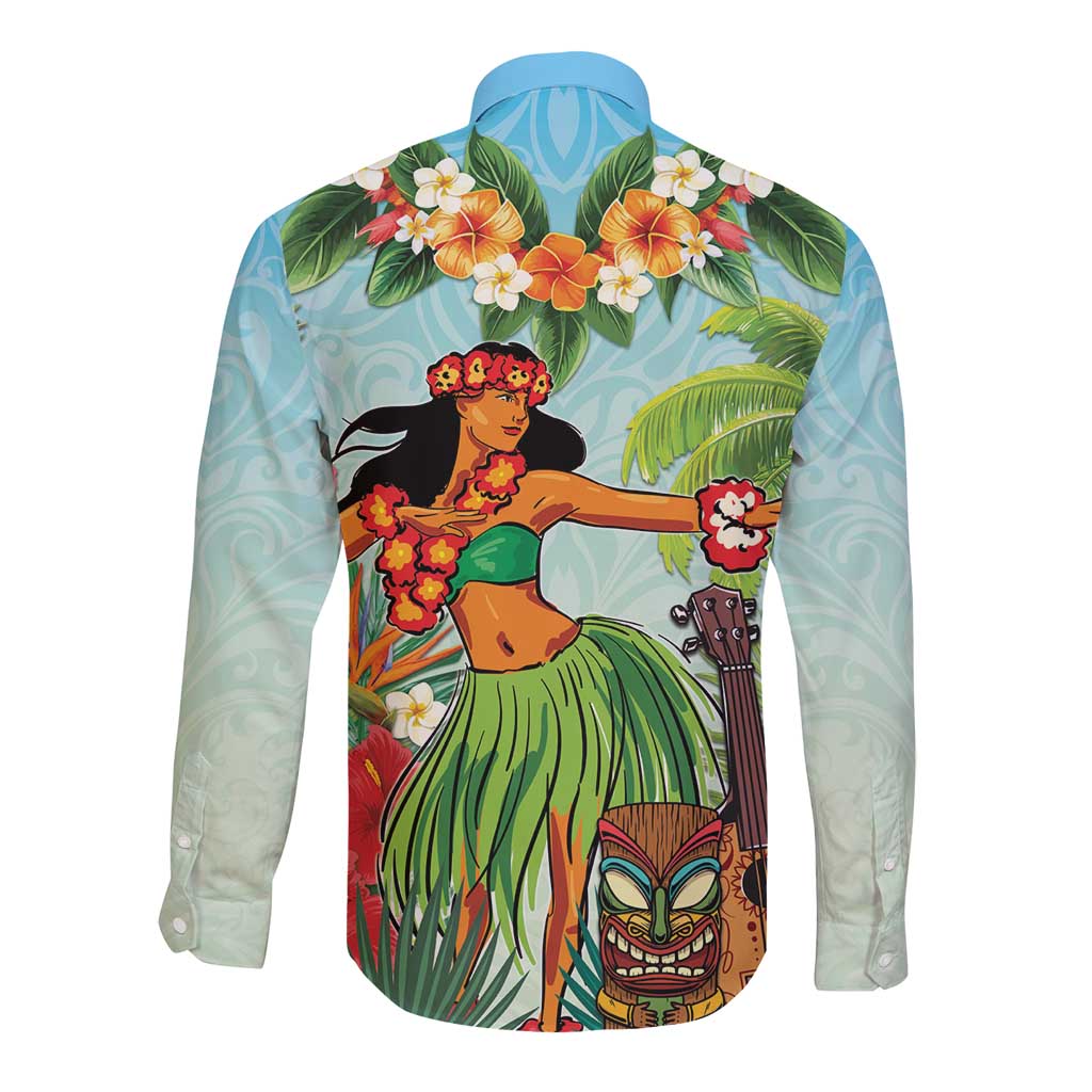 Hawaii Lei Day Long Sleeve Button Shirt Hula Girl With Tropical Forest