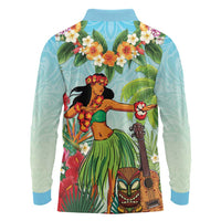 Hawaii Lei Day Long Sleeve Polo Shirt Hula Girl With Tropical Forest