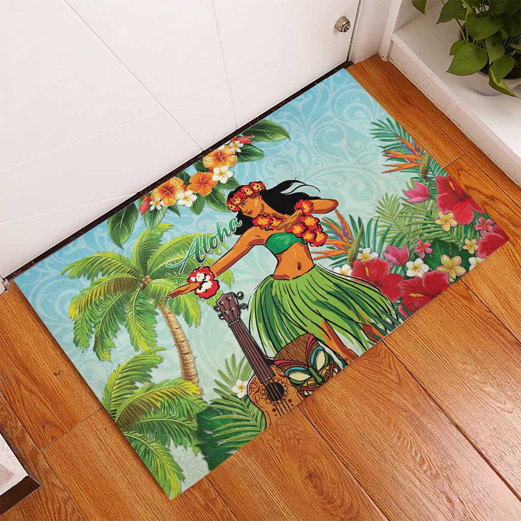 Hawaii Lei Day Rubber Doormat Hula Girl With Tropical Forest
