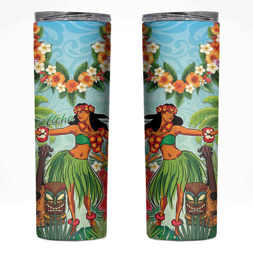Hawaii Lei Day Skinny Tumbler Hula Girl With Tropical Forest