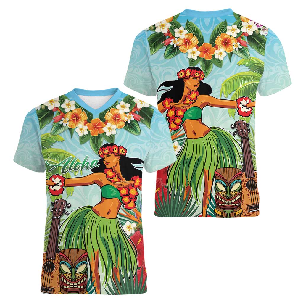 Hawaii Lei Day Women V-Neck T-Shirt Hula Girl With Tropical Forest