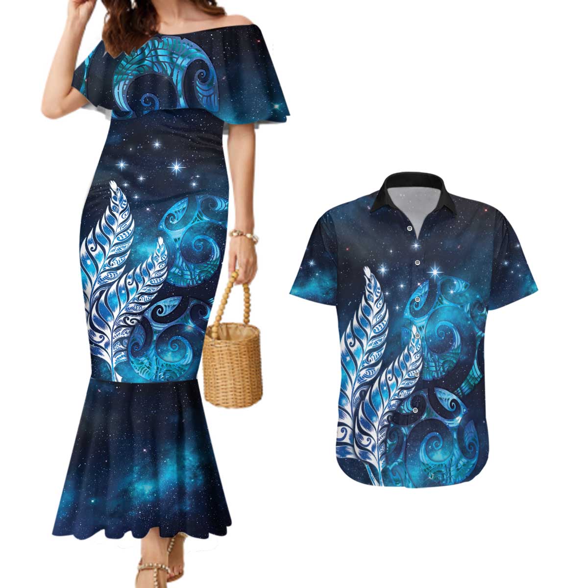 New Zealand Matariki Couples Matching Mermaid Dress and Hawaiian Shirt Maori Koru Mix Silver Fern