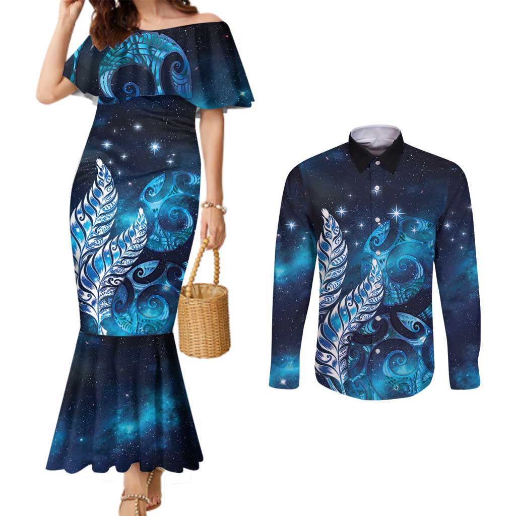 New Zealand Matariki Couples Matching Mermaid Dress and Long Sleeve Button Shirt Maori Koru Mix Silver Fern