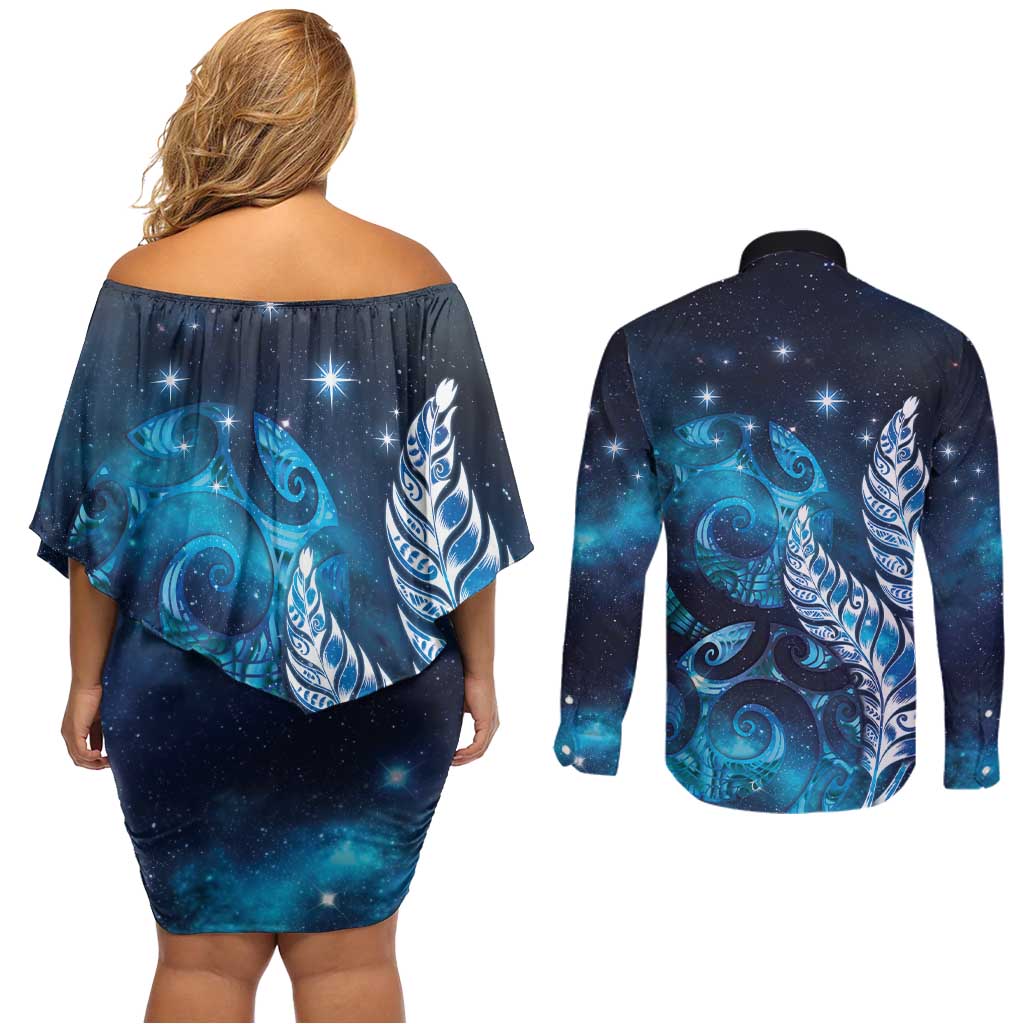 New Zealand Matariki Couples Matching Off Shoulder Short Dress and Long Sleeve Button Shirt Maori Koru Mix Silver Fern