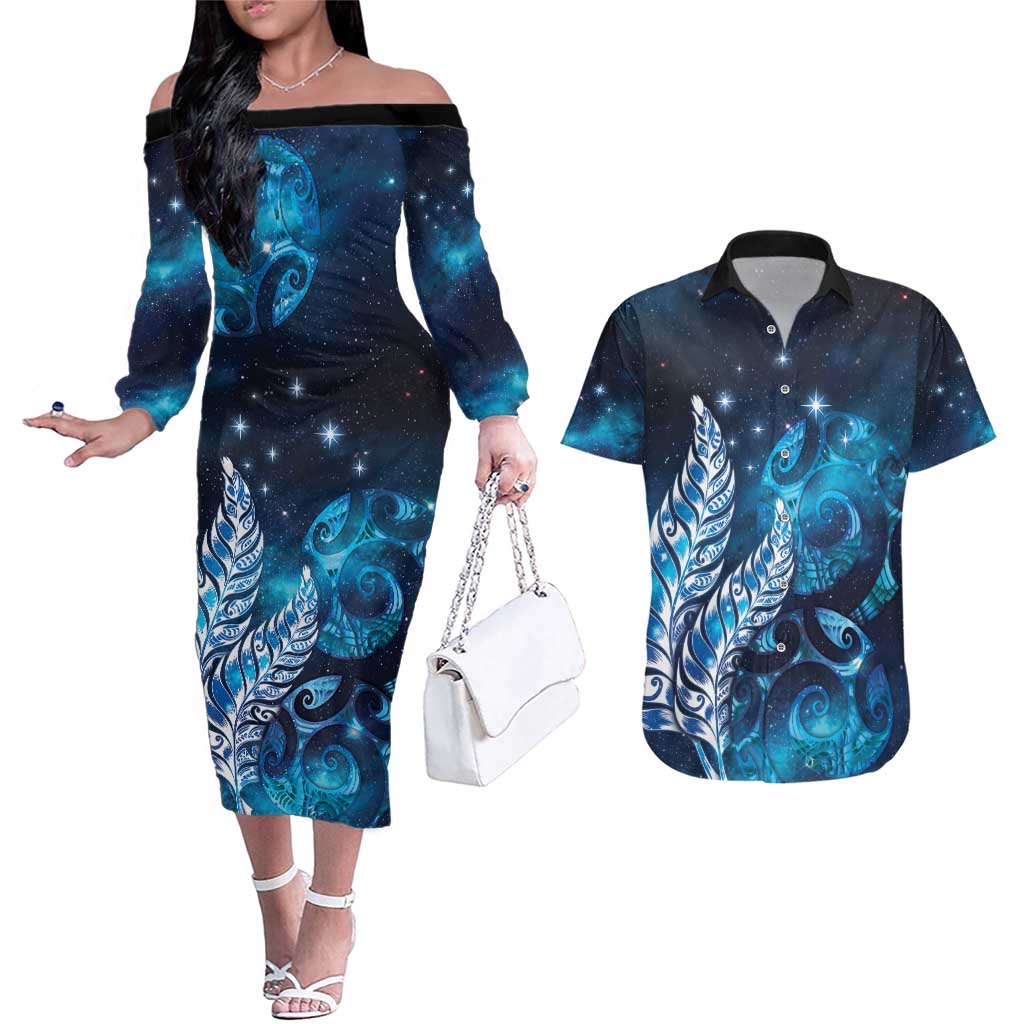 New Zealand Matariki Couples Matching Off The Shoulder Long Sleeve Dress and Hawaiian Shirt Maori Koru Mix Silver Fern