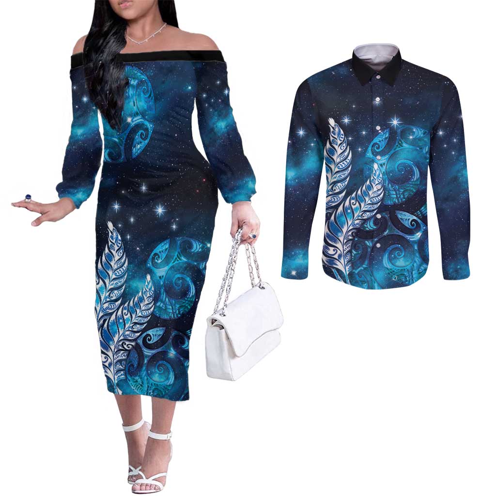 New Zealand Matariki Couples Matching Off The Shoulder Long Sleeve Dress and Long Sleeve Button Shirt Maori Koru Mix Silver Fern