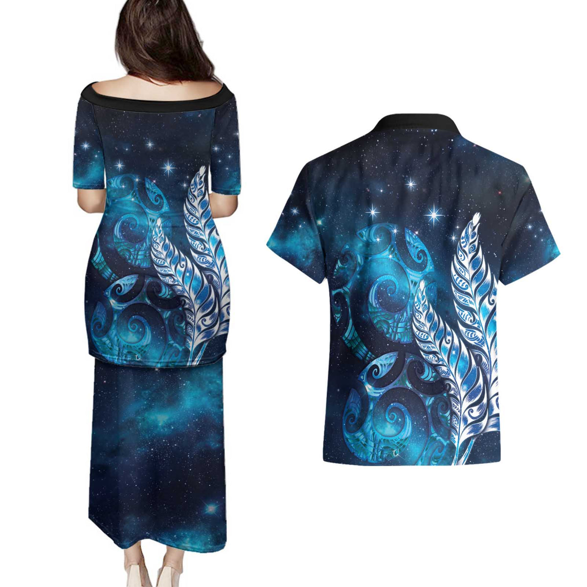 New Zealand Matariki Couples Matching Puletasi and Hawaiian Shirt Maori Koru Mix Silver Fern
