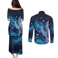 New Zealand Matariki Couples Matching Puletasi and Long Sleeve Button Shirt Maori Koru Mix Silver Fern