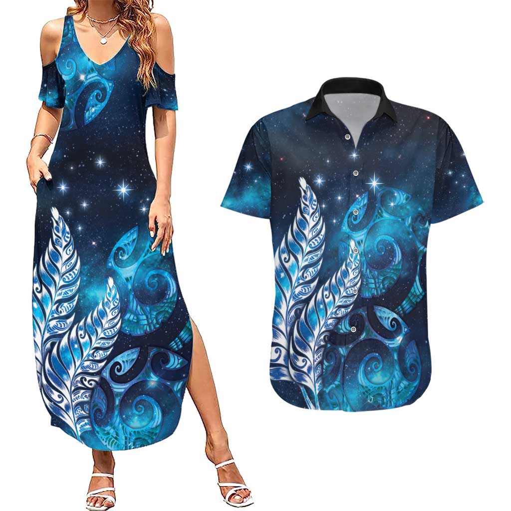 New Zealand Matariki Couples Matching Summer Maxi Dress and Hawaiian Shirt Maori Koru Mix Silver Fern