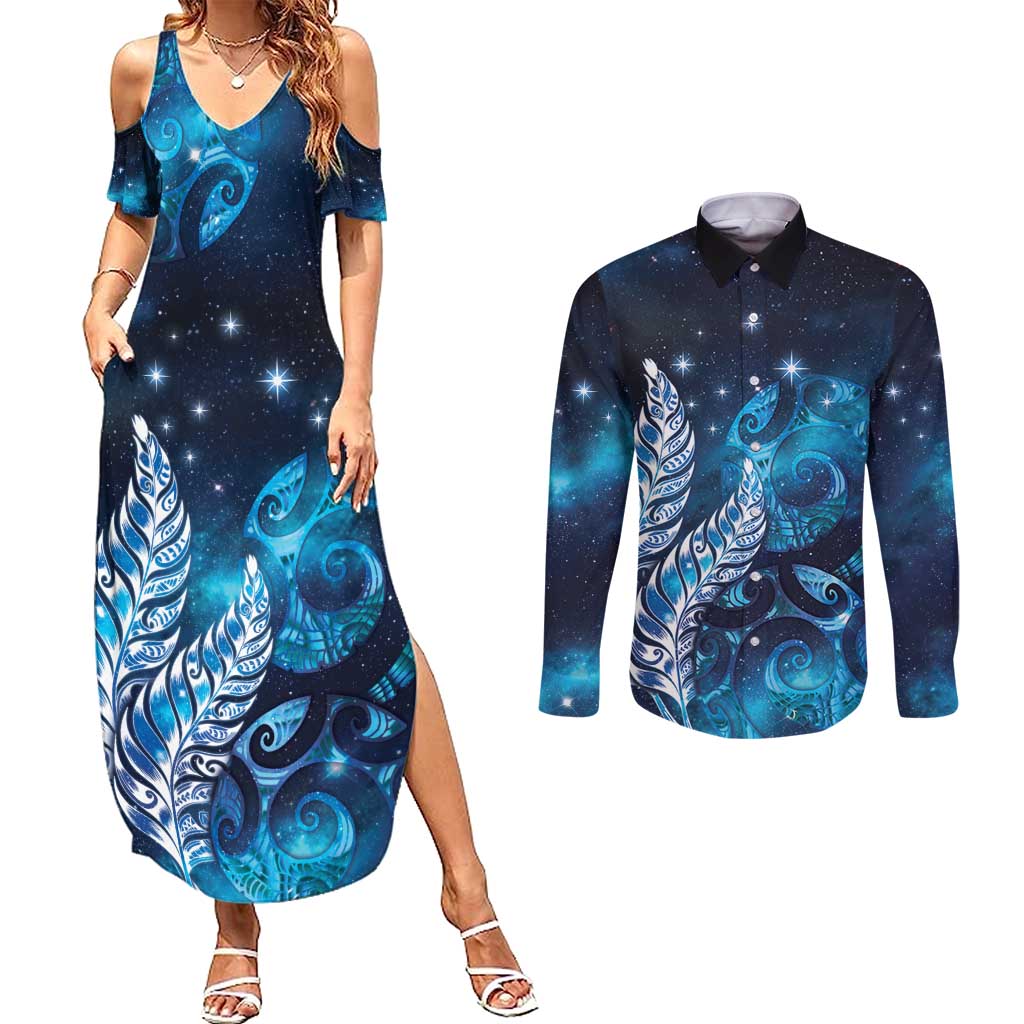 New Zealand Matariki Couples Matching Summer Maxi Dress and Long Sleeve Button Shirt Maori Koru Mix Silver Fern