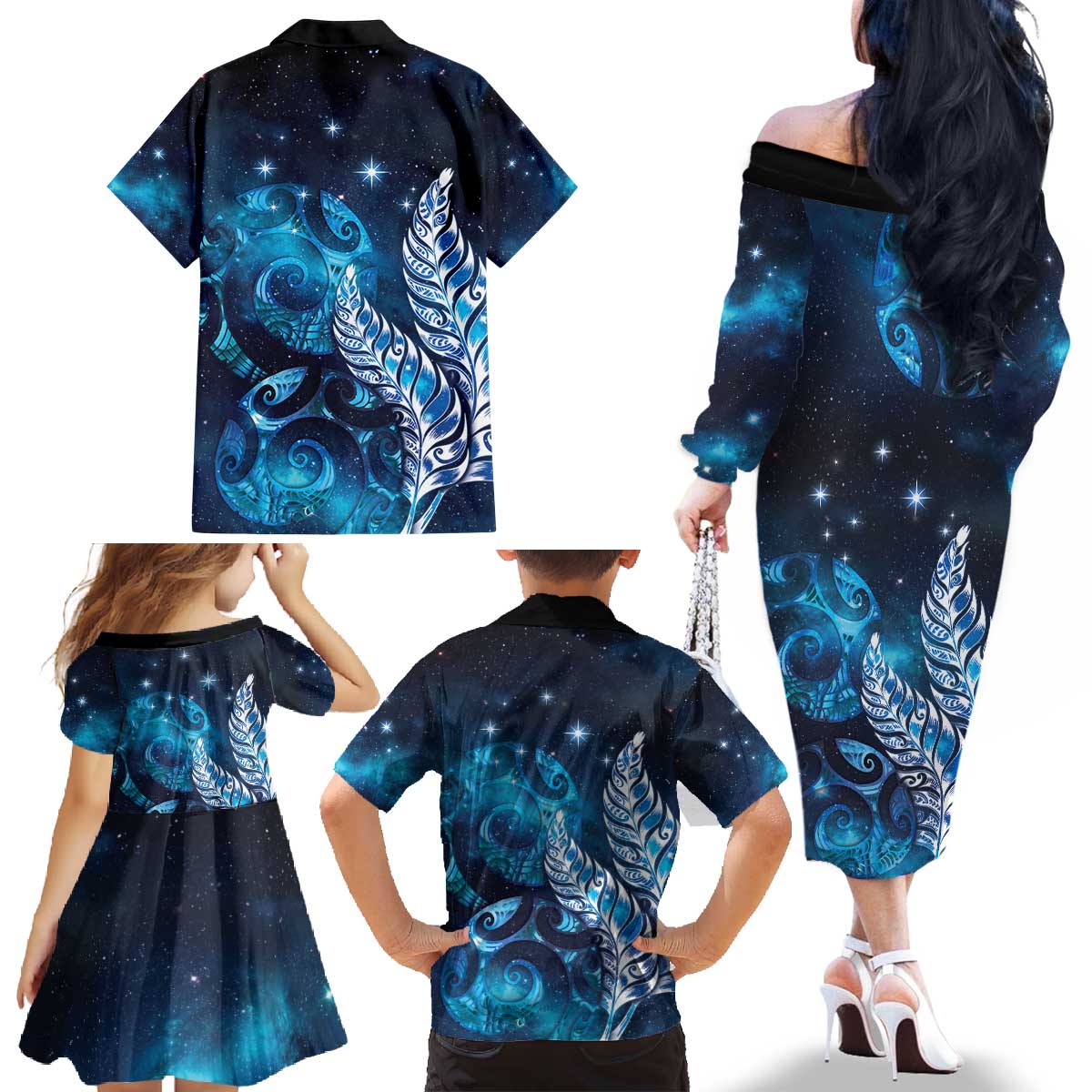 New Zealand Matariki Family Matching Off The Shoulder Long Sleeve Dress and Hawaiian Shirt Maori Koru Mix Silver Fern