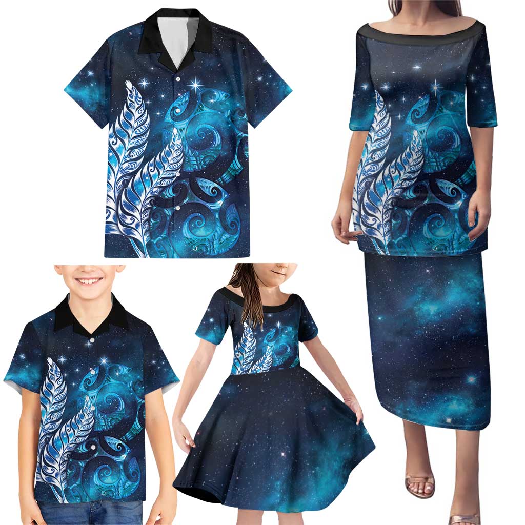 New Zealand Matariki Family Matching Puletasi and Hawaiian Shirt Maori Koru Mix Silver Fern