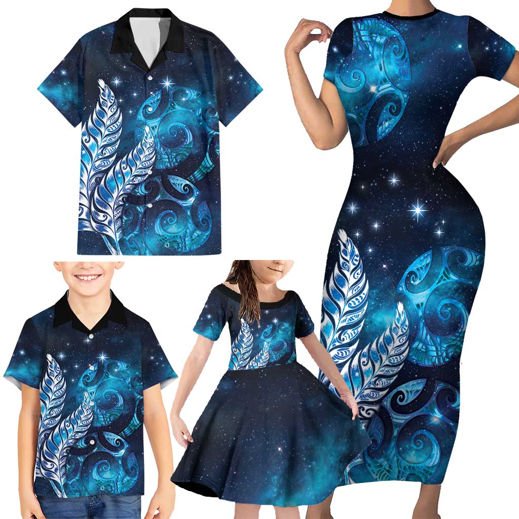 New Zealand Matariki Family Matching Short Sleeve Bodycon Dress and Hawaiian Shirt Maori Koru Mix Silver Fern