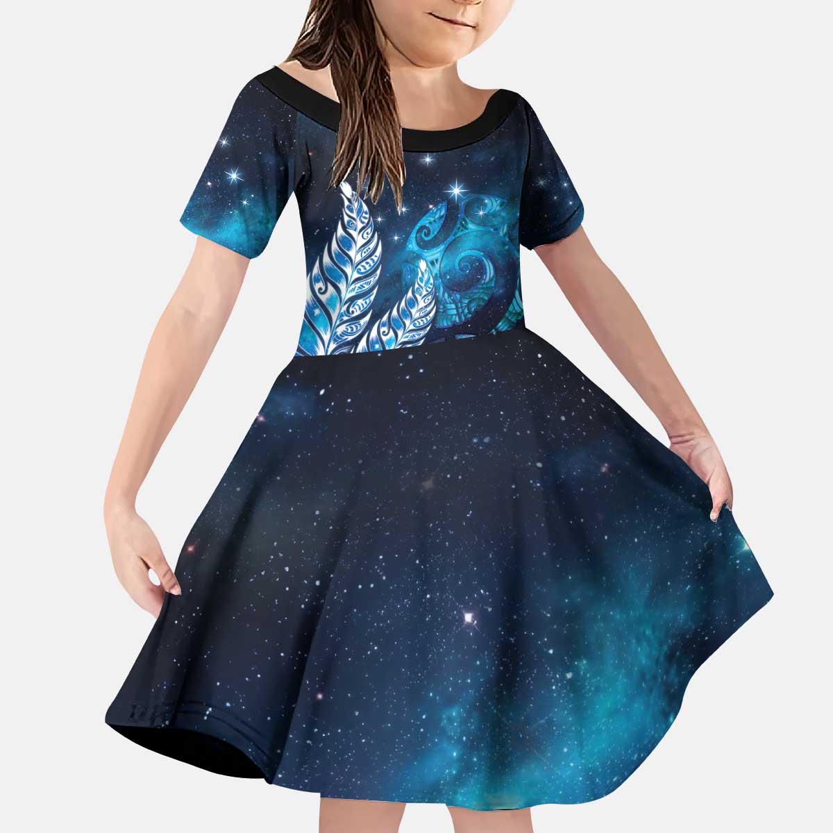 New Zealand Matariki Kid Short Sleeve Dress Maori Koru Mix Silver Fern