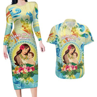 Personalised Hawaii Mother's Day Couples Matching Long Sleeve Bodycon Dress and Hawaiian Shirt I Love You Mom