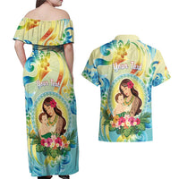 Personalised Hawaii Mother's Day Couples Matching Off Shoulder Maxi Dress and Hawaiian Shirt I Love You Mom