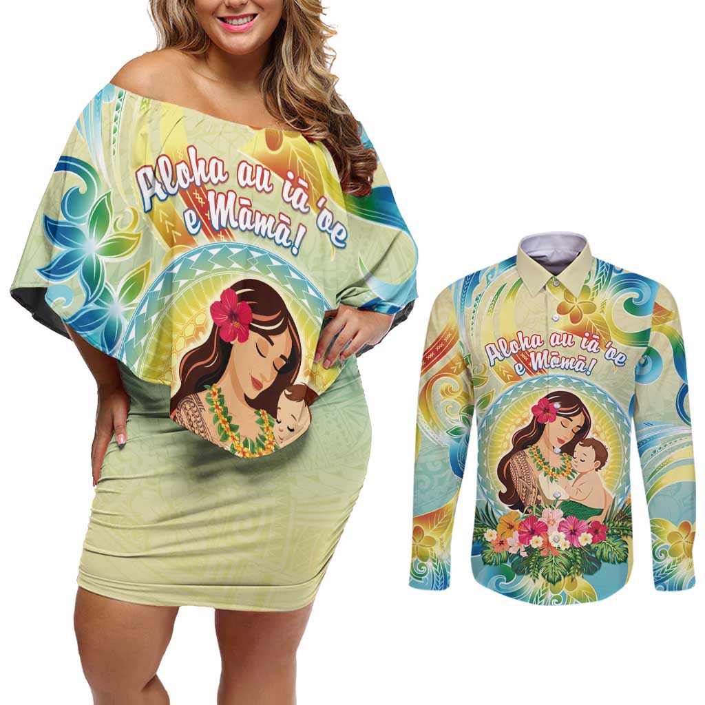 Personalised Hawaii Mother's Day Couples Matching Off Shoulder Short Dress and Long Sleeve Button Shirt I Love You Mom