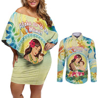 Personalised Hawaii Mother's Day Couples Matching Off Shoulder Short Dress and Long Sleeve Button Shirt I Love You Mom