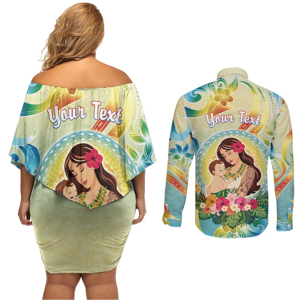 Personalised Hawaii Mother's Day Couples Matching Off Shoulder Short Dress and Long Sleeve Button Shirt I Love You Mom