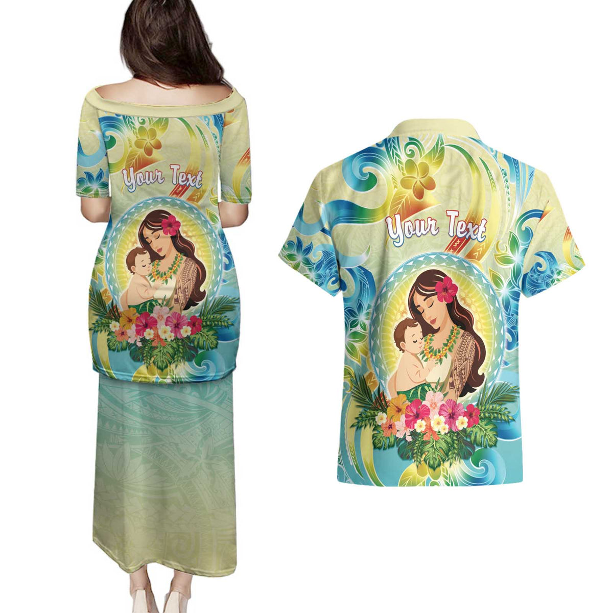 Personalised Hawaii Mother's Day Couples Matching Puletasi and Hawaiian Shirt I Love You Mom