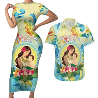 Personalised Hawaii Mother's Day Couples Matching Short Sleeve Bodycon Dress and Hawaiian Shirt I Love You Mom