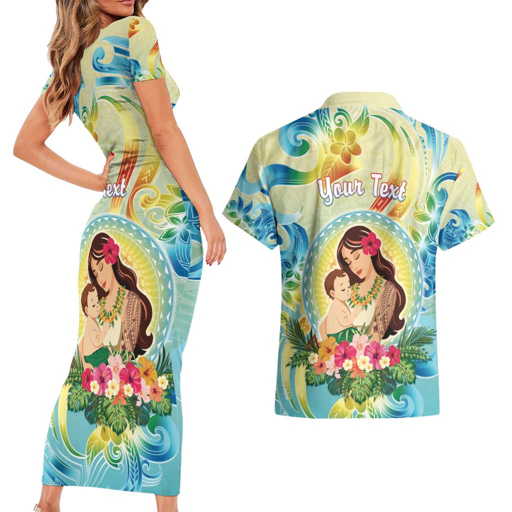 Personalised Hawaii Mother's Day Couples Matching Short Sleeve Bodycon Dress and Hawaiian Shirt I Love You Mom