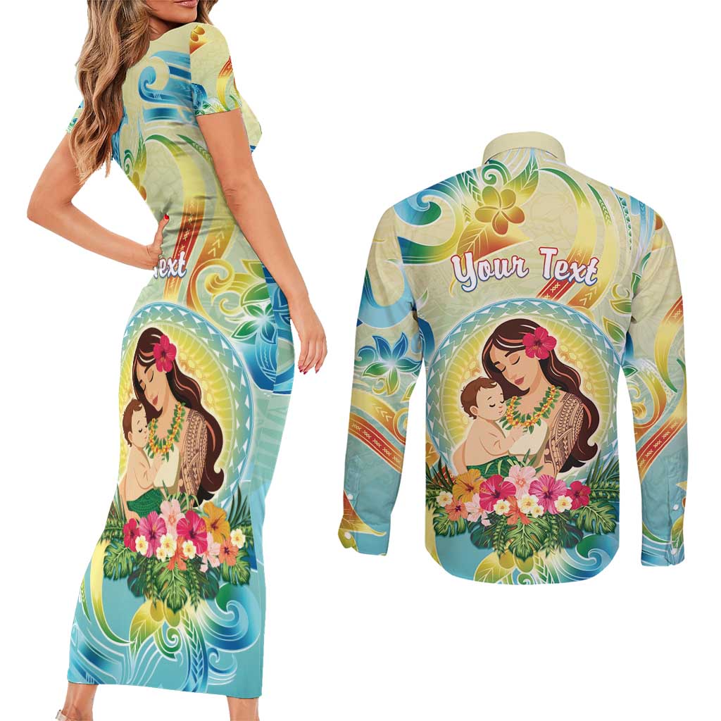 Personalised Hawaii Mother's Day Couples Matching Short Sleeve Bodycon Dress and Long Sleeve Button Shirt I Love You Mom