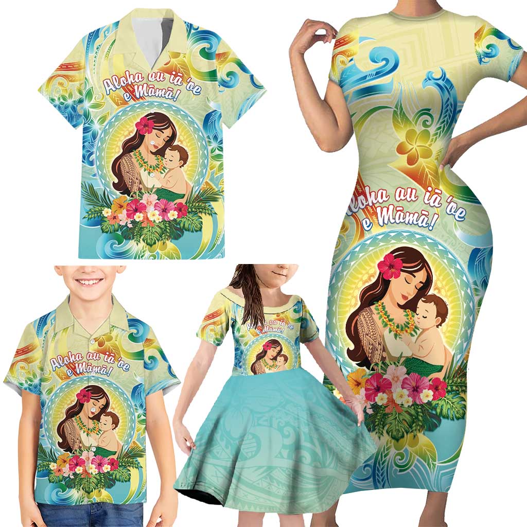 Personalised Hawaii Mother's Day Family Matching Short Sleeve Bodycon Dress and Hawaiian Shirt I Love You Mom