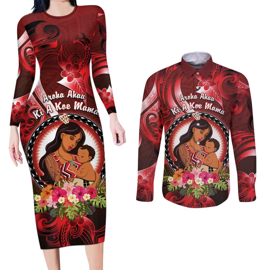 Personalised New Zealand Mother's Day Couples Matching Long Sleeve Bodycon Dress and Long Sleeve Button Shirt I Love You Mom DT04 Red - Polynesian Pride