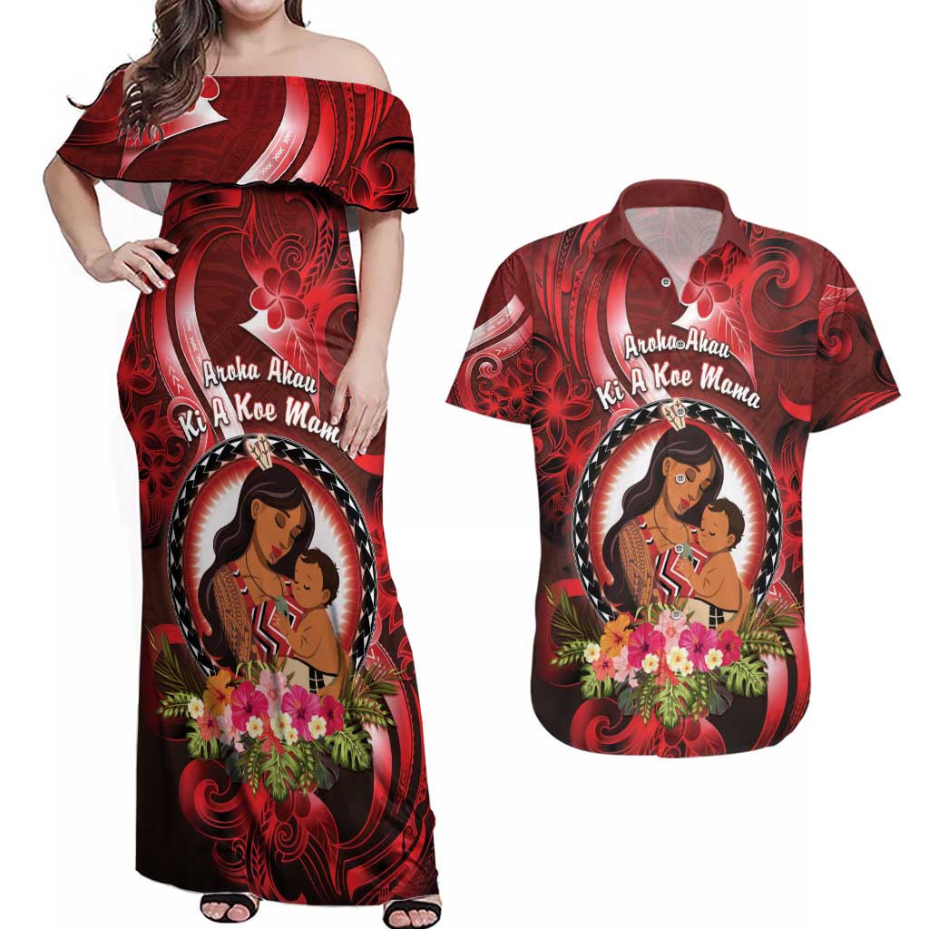 Personalised New Zealand Mother's Day Couples Matching Off Shoulder Maxi Dress and Hawaiian Shirt I Love You Mom