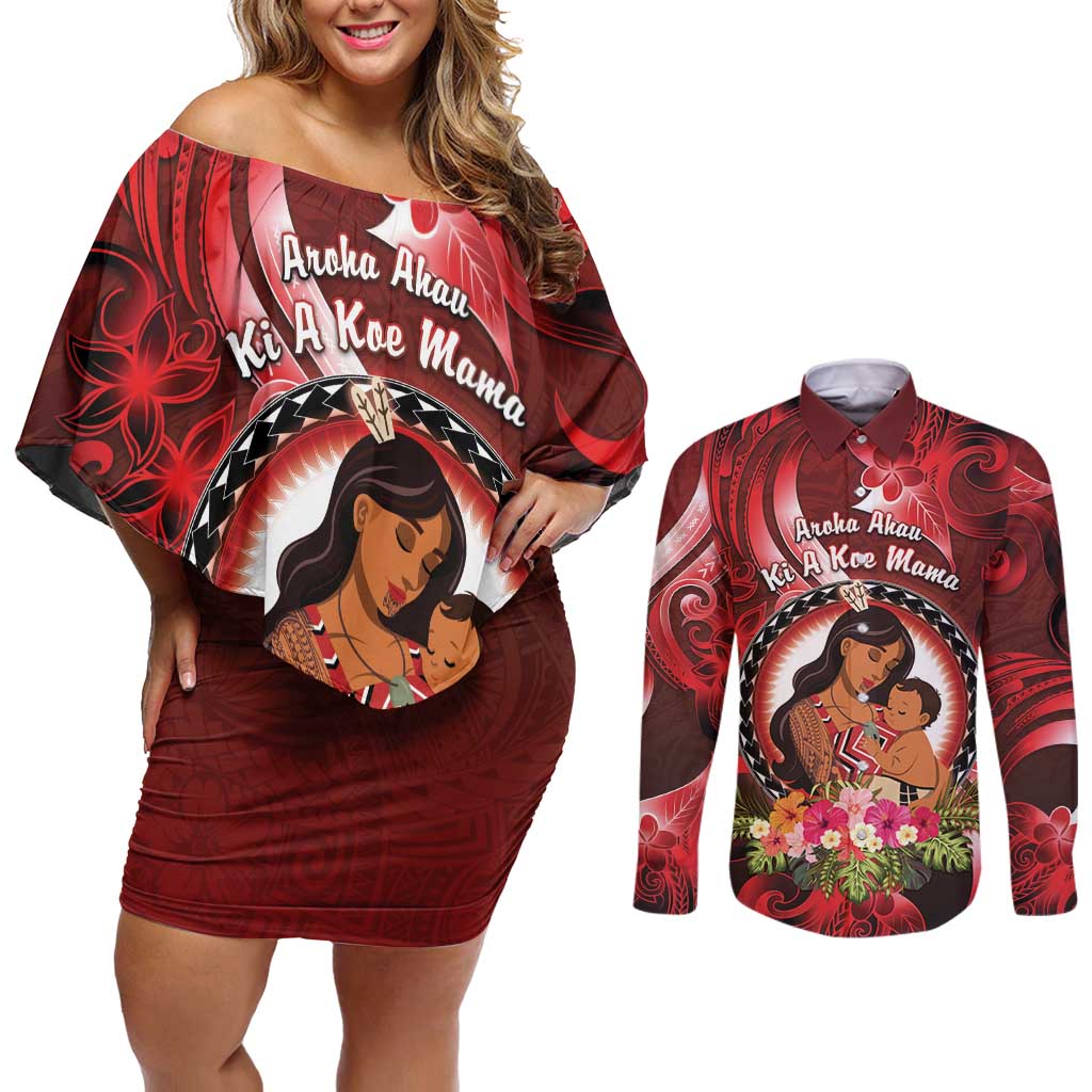 Personalised New Zealand Mother's Day Couples Matching Off Shoulder Short Dress and Long Sleeve Button Shirt I Love You Mom DT04 Red - Polynesian Pride