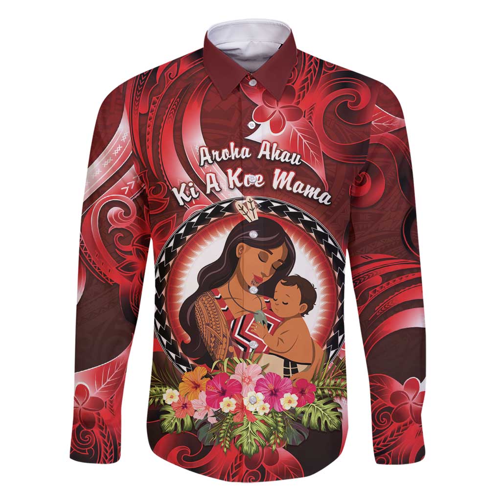 Personalised New Zealand Mother's Day Family Matching Mermaid Dress and Hawaiian Shirt I Love You Mom DT04 Dad's Shirt - Long Sleeve Red - Polynesian Pride