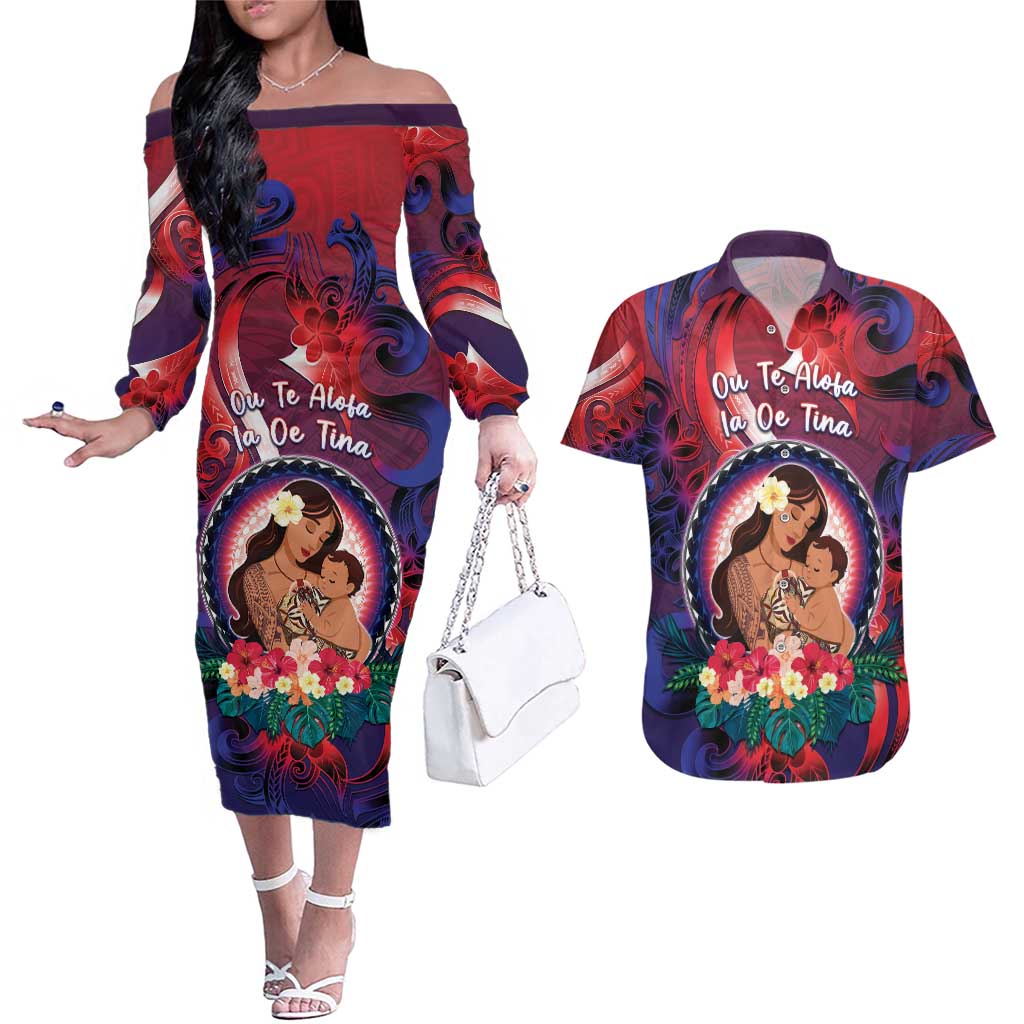 Personalised Samoa Mother's Day Couples Matching Off The Shoulder Long Sleeve Dress and Hawaiian Shirt I Love You Mom