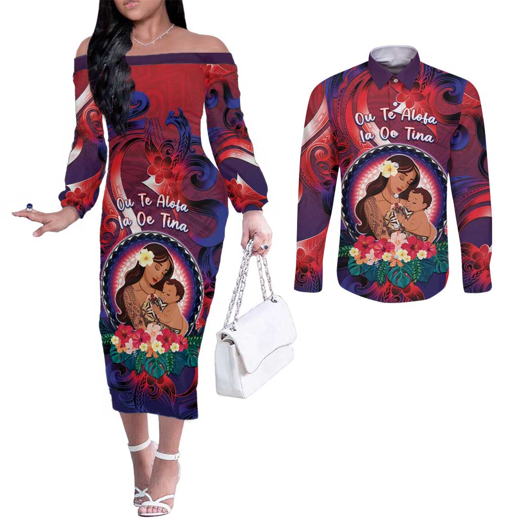 Personalised Samoa Mother's Day Couples Matching Off The Shoulder Long Sleeve Dress and Long Sleeve Button Shirt I Love You Mom