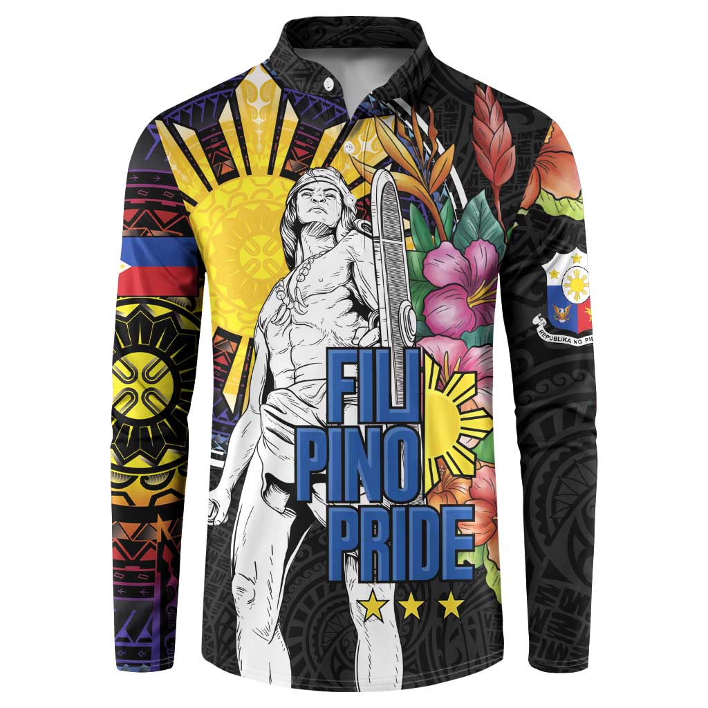 Filipinos Lapu-Lapu Hero Philippines Button Sweatshirt Hibiscus Flowers Style DT04 Black - Polynesian Pride