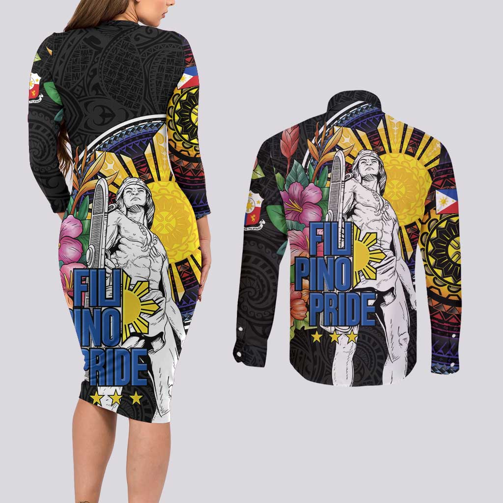 Filipinos Lapu-Lapu Hero Philippines Couples Matching Long Sleeve Bodycon Dress and Long Sleeve Button Shirt Hibiscus Flowers Style