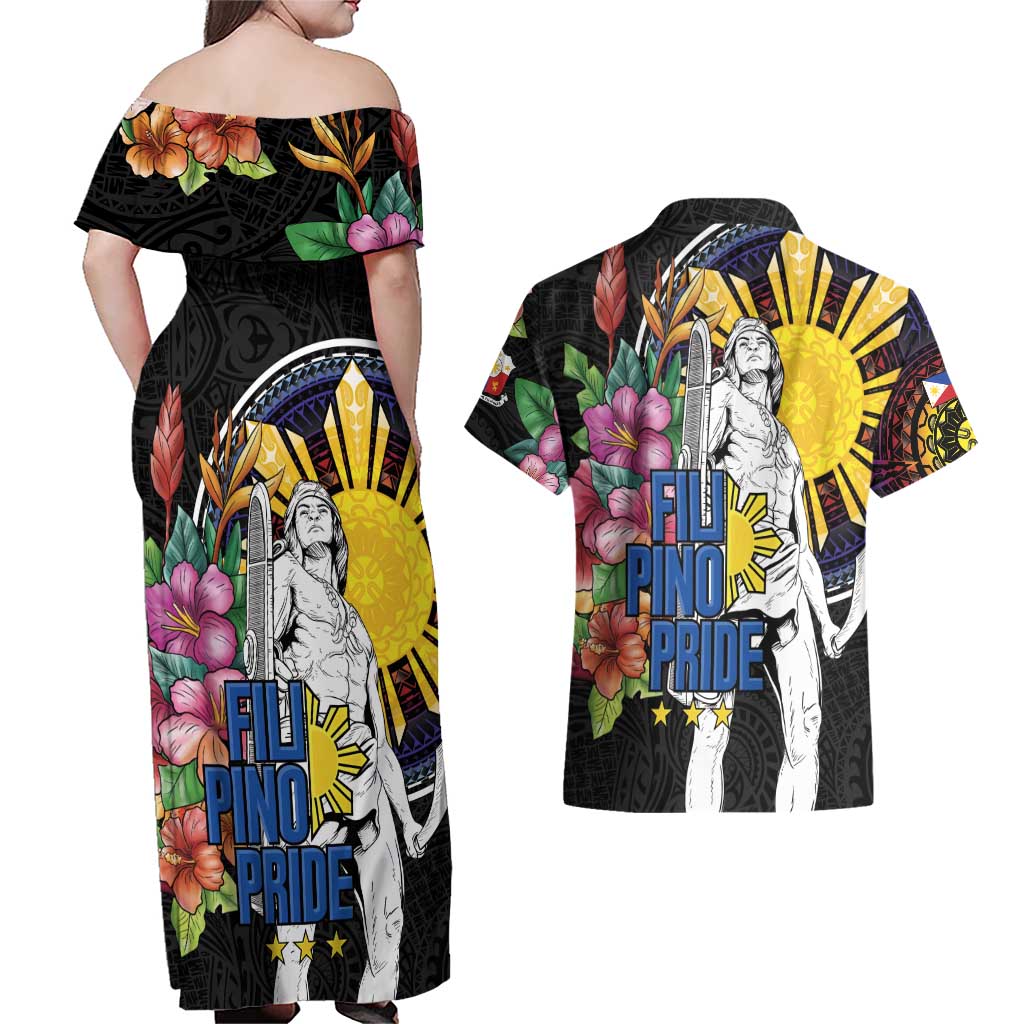 Filipinos Lapu-Lapu Hero Philippines Couples Matching Off Shoulder Maxi Dress and Hawaiian Shirt Hibiscus Flowers Style