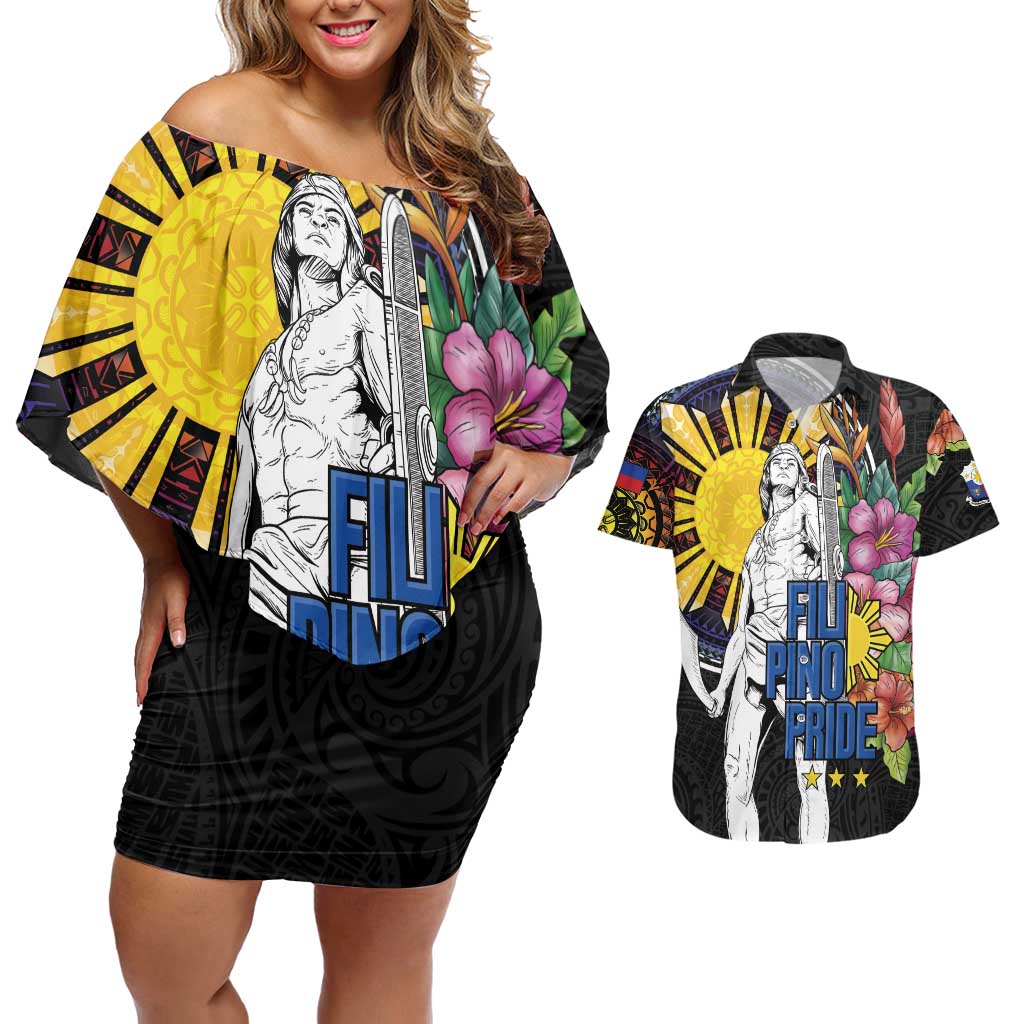 Filipinos Lapu-Lapu Hero Philippines Couples Matching Off Shoulder Short Dress and Hawaiian Shirt Hibiscus Flowers Style