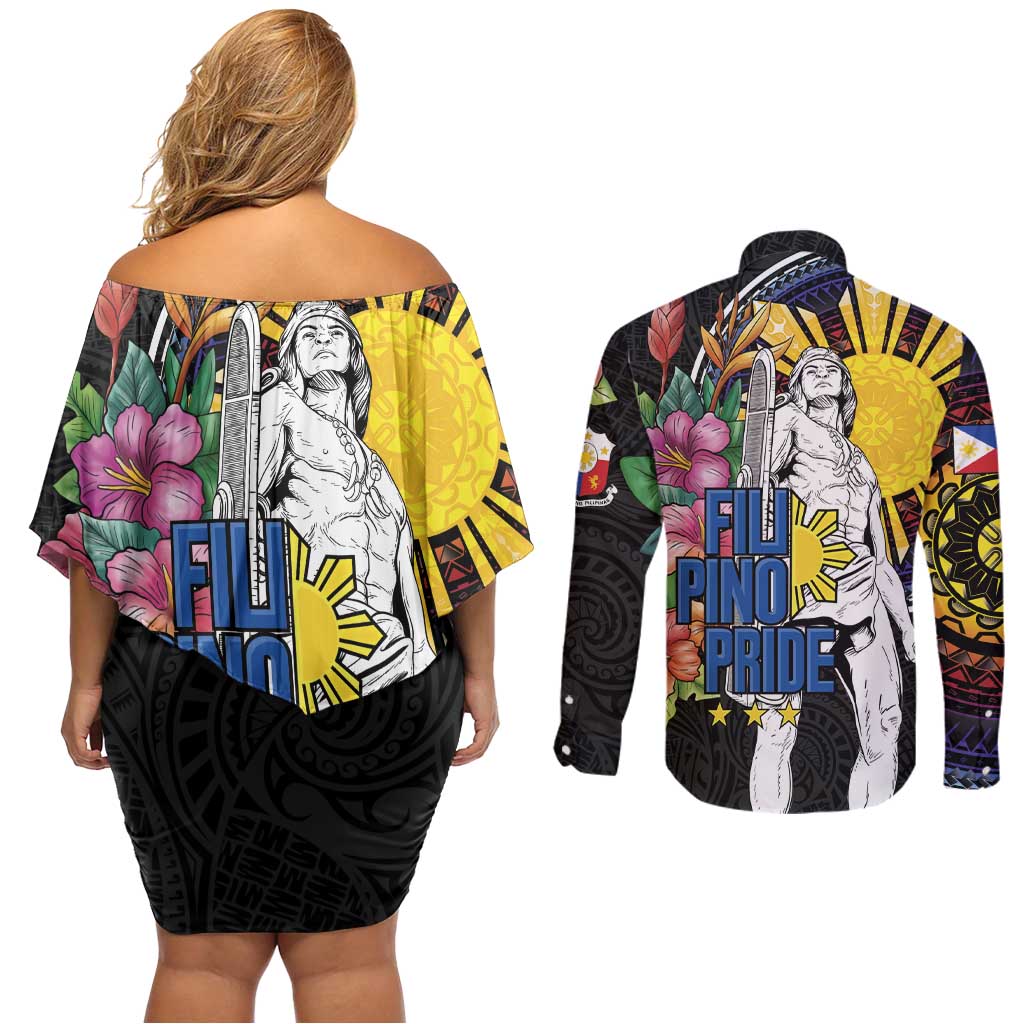 Filipinos Lapu-Lapu Hero Philippines Couples Matching Off Shoulder Short Dress and Long Sleeve Button Shirt Hibiscus Flowers Style