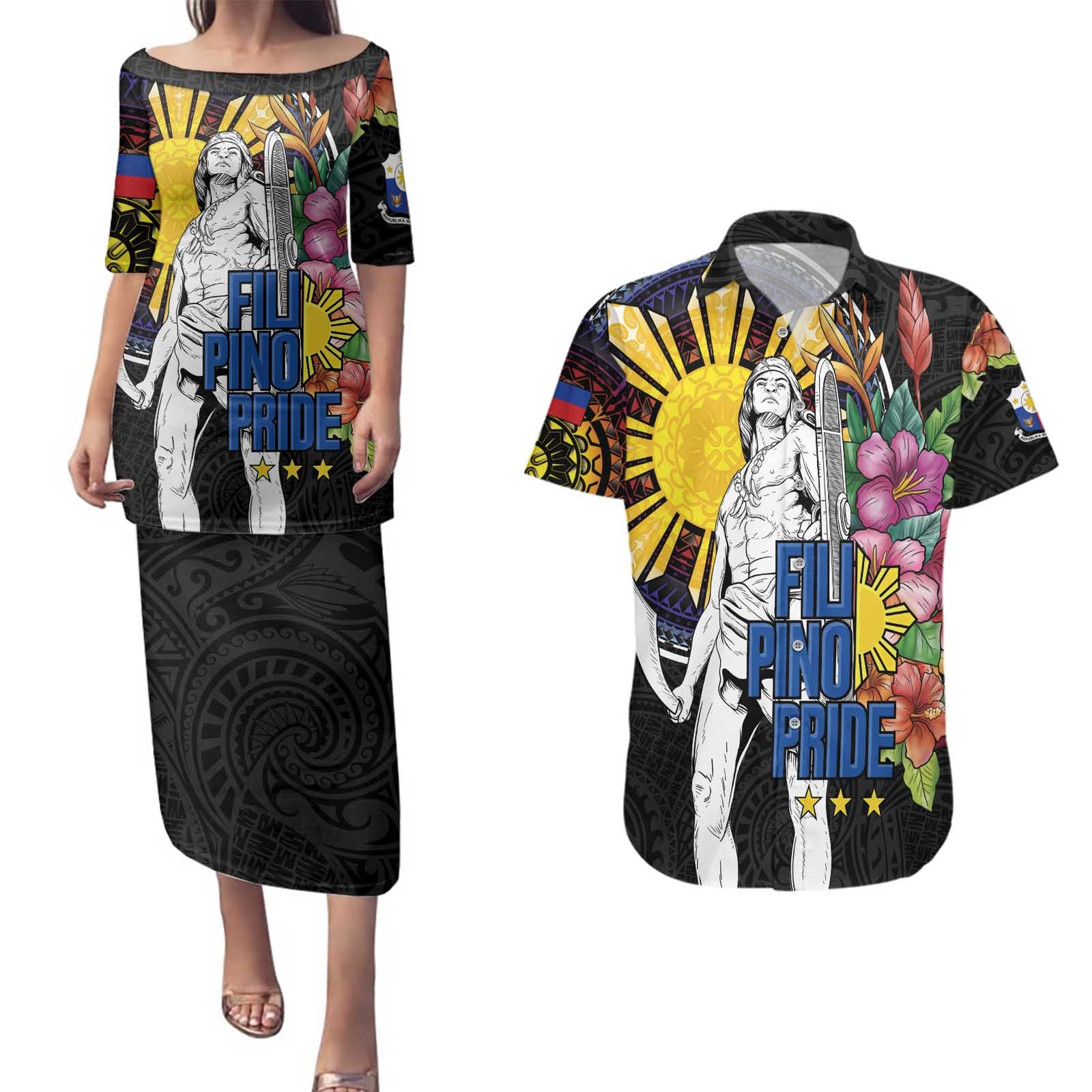 Filipinos Lapu-Lapu Hero Philippines Couples Matching Puletasi and Hawaiian Shirt Hibiscus Flowers Style DT04 Black - Polynesian Pride