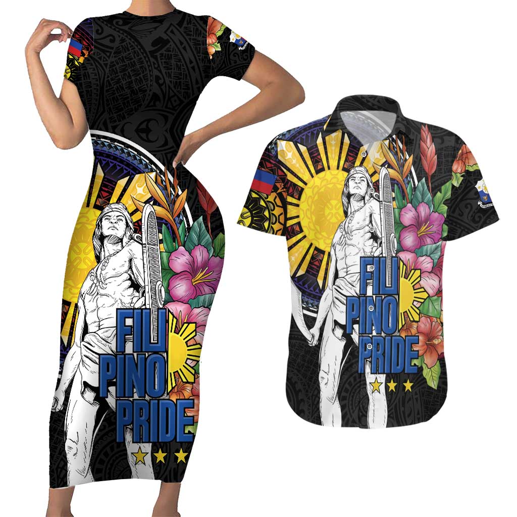 Filipinos Lapu-Lapu Hero Philippines Couples Matching Short Sleeve Bodycon Dress and Hawaiian Shirt Hibiscus Flowers Style DT04 Black - Polynesian Pride