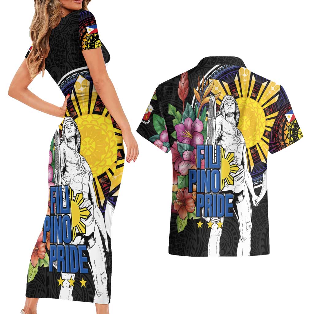 Filipinos Lapu-Lapu Hero Philippines Couples Matching Short Sleeve Bodycon Dress and Hawaiian Shirt Hibiscus Flowers Style